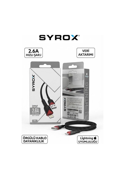 C93 2.6a Hızlı Şarj Ve Data Kablosu, Usb-a To Lightning Dayanıklı Örgülü Kablo - Siyah