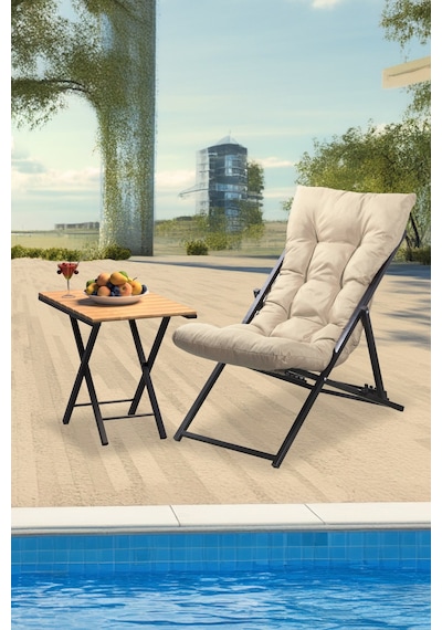 Retodesign 2 Li Sehpalı Metal Krem Şezlong Takımı