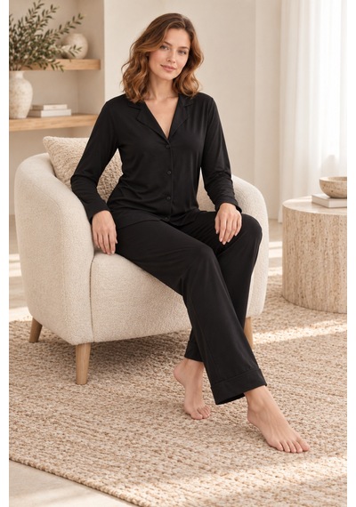 Loule Kadın Siyah Penye Pijama Takımı Uzun Kollu Gömlek Yaka