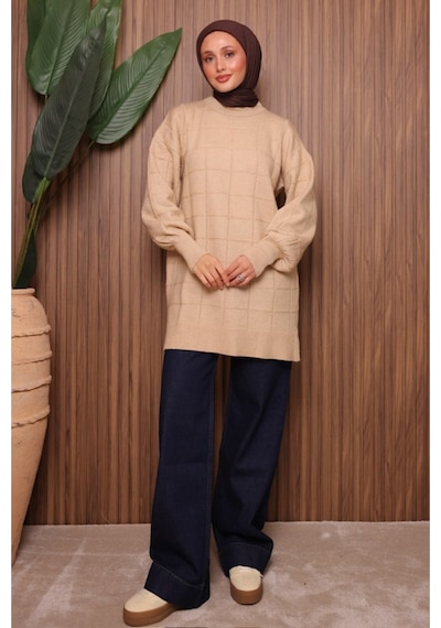 Balenbi Kare Dokulu Oversize Yumoş Tesettür Triko Tunik 7012 Bej