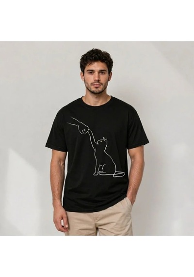 Efnaz Style Erkek Minimal Kedi Çizim Baskılı Tişört Kısa Kol Yazlık T-shirt - Siyah