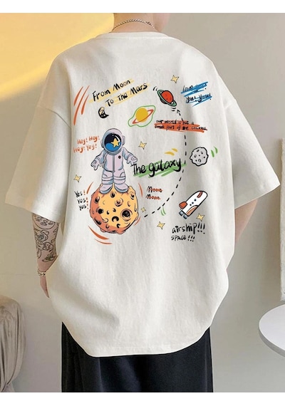 Flood Of Style Unisex Beyaz Space Uzay Baskılı Oversize