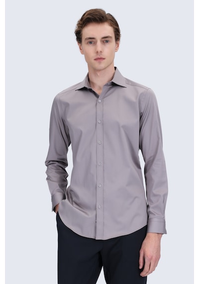 Hatemoğlu Gri Slim Fit Açık İtalyan Yaka 100% Pamuk Uzun Kollu Spor Gömlek