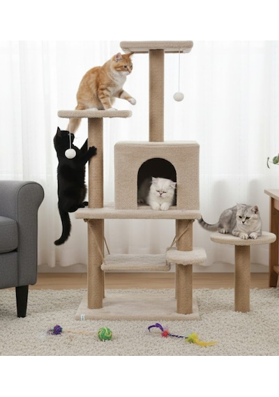 Reyo Pet Y01 Salıncaklı Yuvalı Lüx Kedi Tırmalama Oyun Evi Bej