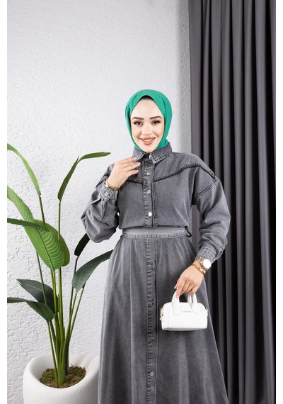 Harman Butik Kadın Düğmeli Kuşaklı Kot Tesettür Elbise Siyah Siyah