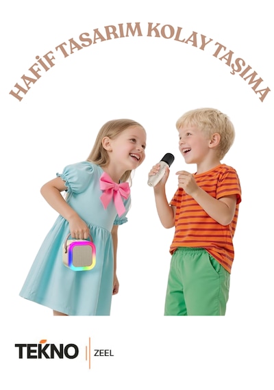 Teknozeel Mikrofonlu Karaoke 5 Ses Efektli Rgb Led Işıklı Bluetooth Kablosuz Hoparlör Ses Bombası Bej Renk