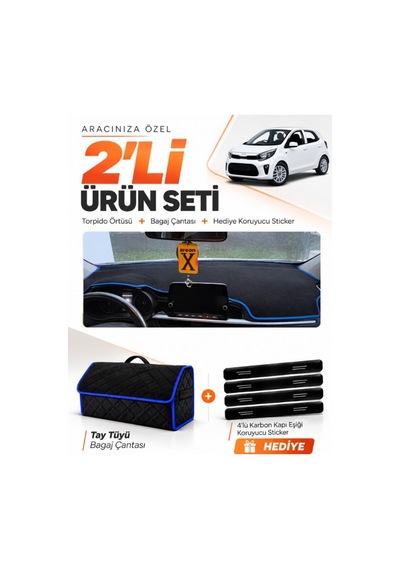 E-biz Kia Picanto 2017-2025 Uyumlu Torpido Örtüsü + Tay Tüyü Bagaj Çantası - Siyah-mavi - Kı010