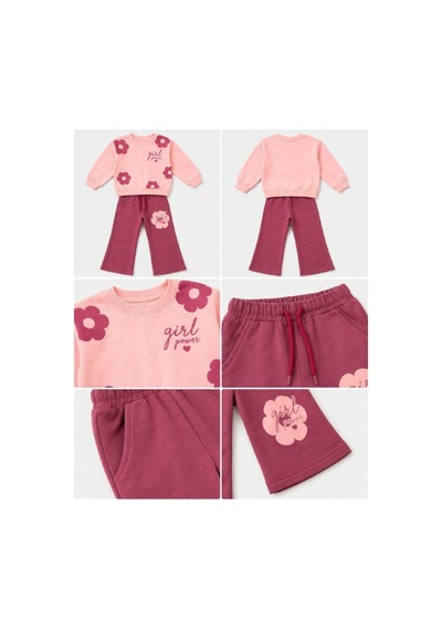 Genel Markalar Kız Çocuk Flower Desenli Pembe Çiçekli Alt Üst Eşorfman Takımı Pembe Pembe