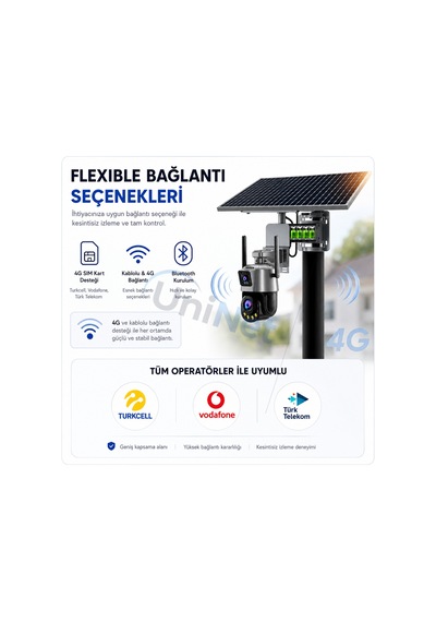 Uninet 4g Sim Kartlı Solar Çift Güneş Panelli 80 Watt 36x Optik Zoomlu Çift Kameralı Güvenlik Kamerası Router Özellikli
