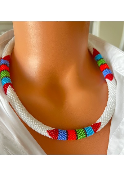 Chichibeads Saf Beyaz Renkli Boncuk Örgü Kolye Bileklik Set Beyaz - Kırmızı