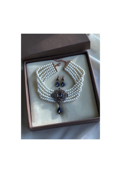 Baget Ve Su Damlası İnci Choker Tasma Kolye Ve Küpe Seti Beyaz