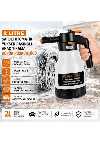 Polham Yeni Nesil 2l Şarjlı Otomatik Basınçlı Araç Yıkama Köpük Püskürtücü, Araç, Jant, Bahçe Yıkama Pompası