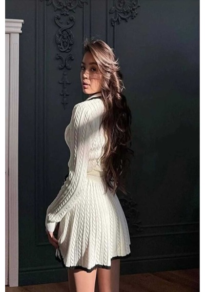 Sayzen Your Shine Polo Yaka Saç Örgülü Kazak-etek Triko Takım Sy-25100 Ekru
