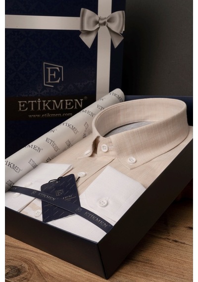 Panolu Erkek Bej Gri Slimfit Keten Gömlek Bej
