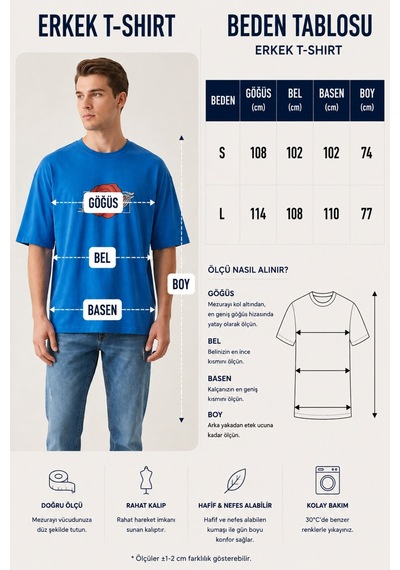 Neco Giyim Unisex Oversize Geniş Kesim %100 Pamuk Yumuşak Dokulu Basic Desenli Bisiklet Yaka Tişört Mavi