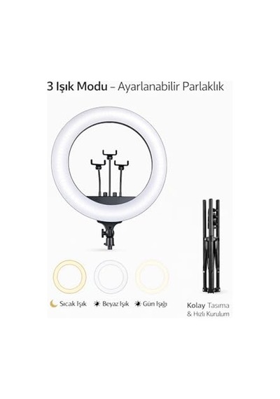 21 İnç 54 Cm Profesyonel Ring Light 210 Cm Ayarlanabilir Tripodlu, 3'lü Telefon Tutuculu, 3 Işık Modlu, Parla