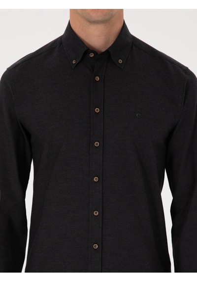 Cacharel Siyah Slim Fit %100 Pamuk Yakası Düğmeli Flanel Gömlek