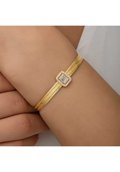 Gümüş Gold Baget Taşlı Trabzon Hasır Kadın Bileklik Gold