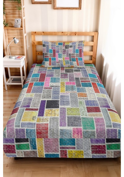 Geometrik Gri Renkli Tek Kişilik Pike - Bohem Patchwork Çok Renkli Mevsimlik Yatak Örtüsü 160x220 Cm Kırçıllı Meşe Örtüsü