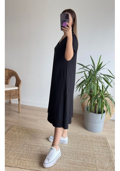 Veraura Lifestyle Kadın Kısa Kollu V Yaka Cepli A Kesim Detaylı Viskon Elbise Siyah
