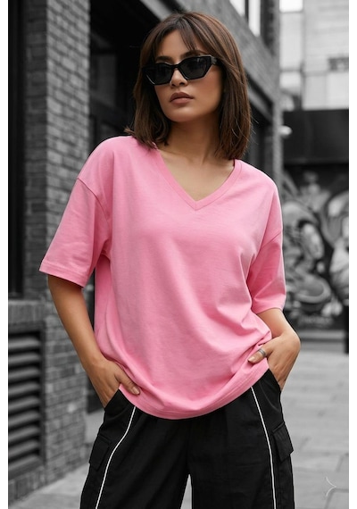 Zey Oversize V Yaka Basic Kadın Tişört - Düşük Omuzlu Salaş Kesim Pembe