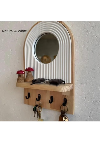 Aynalı Ahşap Duvar Hol Anahtar Askısı, Minimalist Dekoratif Modern Anahtarlık Natürel