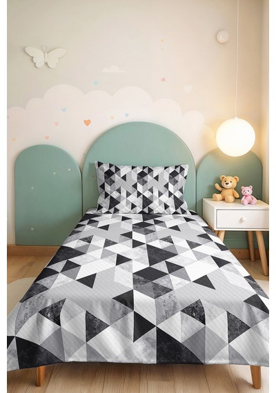 Gri Geometrik Genç Odası Tek Kişilik Pike Takımı - Siyah Modern 160x220 Cm Kapitone Yatak Örtüsü Mahmur Kadife Ufku