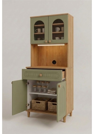 Barista Led Aydınlatmalı Kahve Köşesi Dolabı Retro Büfe 195cm Mdf Koyu Yeşil