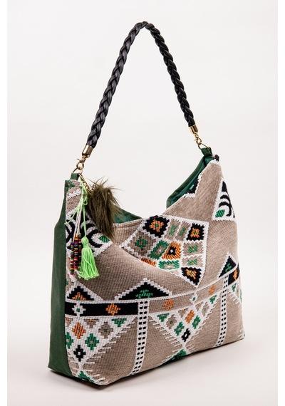 Fabric Craft Bag Omuz Çantası Jakar Dokuma Etnik Desen Gri Yeşil Gri - Yeşil