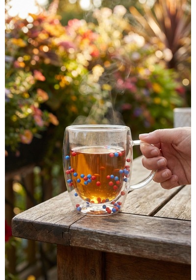 Makri Home Çift Cidarlı Bordo Mavi Cam Kupa 350 Ml Isıya Dayanıklı Şeffaf