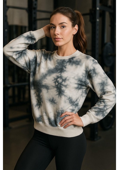 Kadın Batik Desen Bisiklet Yaka Renkli Oversize Relaxed Uzun Kollu Sweatshirt Gri