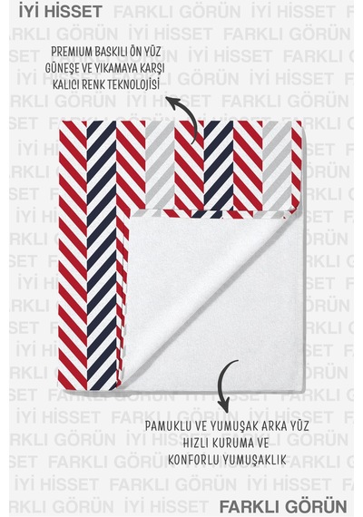 Çizgili Marine Plaj Havlusu - Modern Kırmızı Lacivert Beyaz Hızlı Kuruyan Mikrofiber Havlu Kumlu Akasya