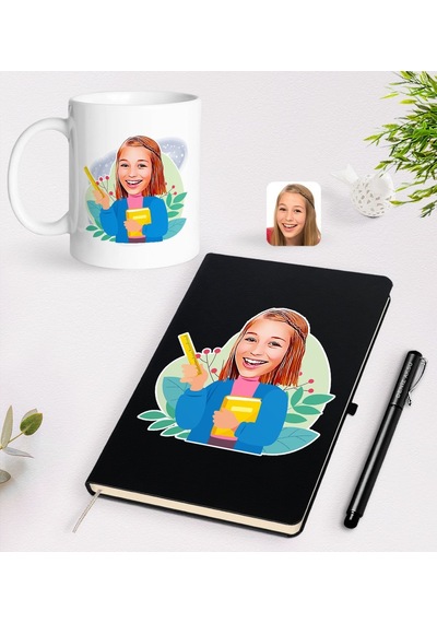 BK Gift Kişiye Özel Öğretmen Karikatürlü Siyah Defter Kalem Kupa