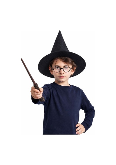 Harry Potter Tarzı Çocuk Seti Siyah Keçe Şapka, Asa, Gözlük - Kyut-758581 Renkli