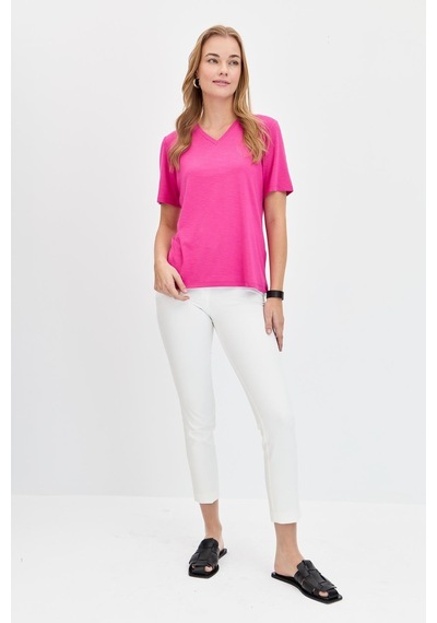 Kadın V Yaka Flamlı Kumaş Basic Tshirt Fuşya Fuşya