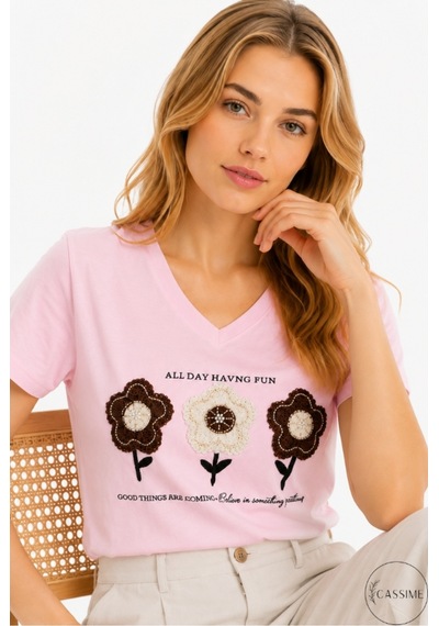 Cassime Kadın Pembe %100 Pamuk Regular/normal Kalıp Çiçek Nakışlı Örme T-shirt
