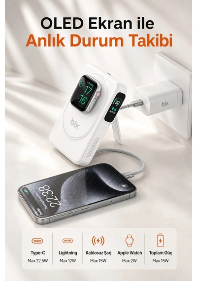 Diğer - Beyaz - Kablosuz Magsafe Powerbank 10000 Mah 20w Hızlı Şarj 15w Standlı Apple iPhone Uyumlu 12-13-14-15-16-17