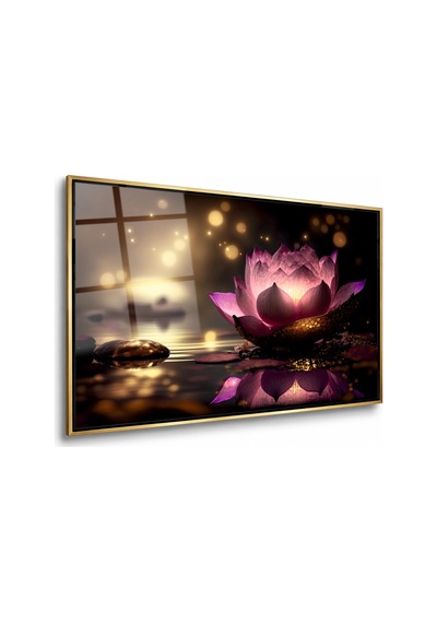 Bokeh Işığında Pembe Nilüfer Gold Çerçeveli Cam Tablo