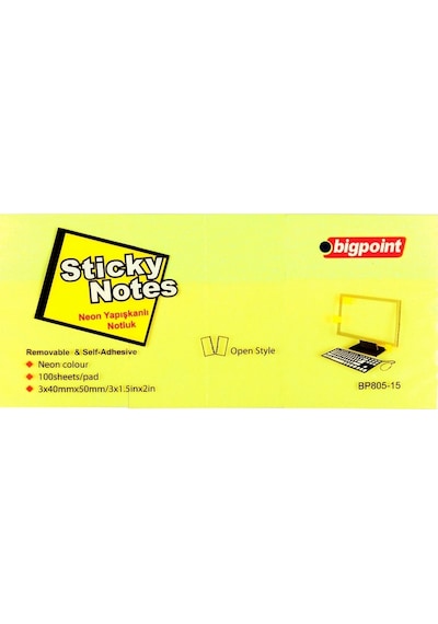 Bigpoint Yapışkanlı Not Kağıdı 3'lü 40x50mm Neon Sarı 4'lü Paket