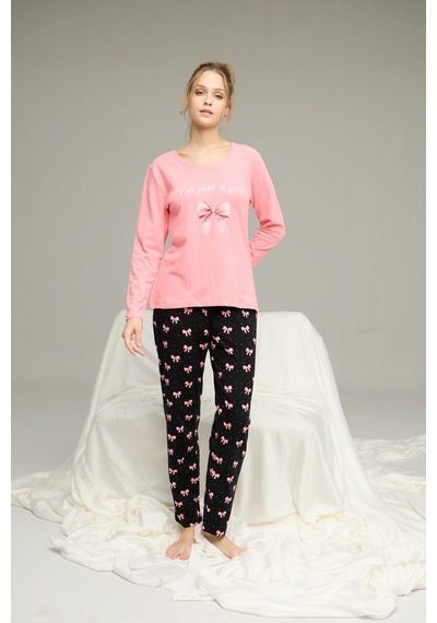 Siyah İnci Pamuklu Bisiklet Yaka Örme Pijama Takım25241132 Somon