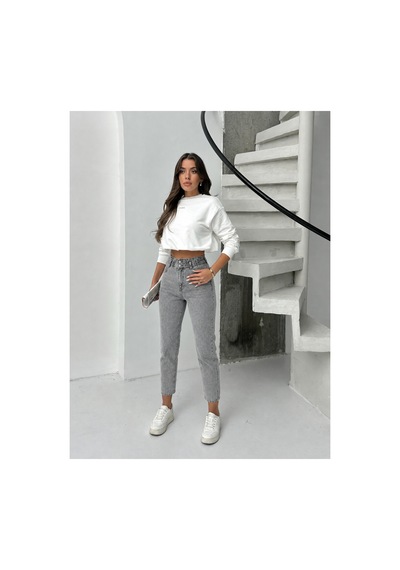 Bluemarlin Gri Çift Düğme Kemer Büzgülü Kot Mom Jeans Gri