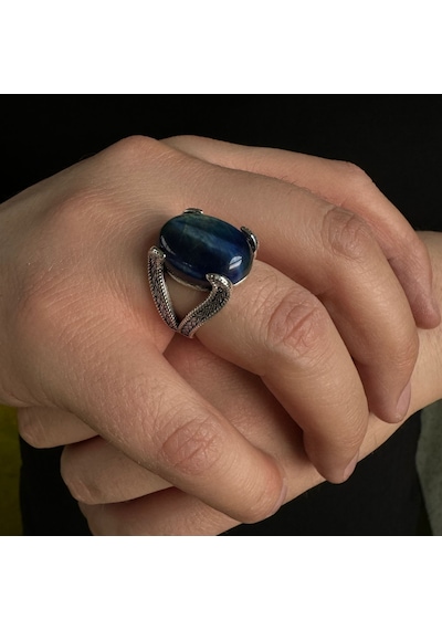 925 Ayar Gümüş Mavi Kaplangözü Taşlı Sade Erkek Yüzük Gümüş