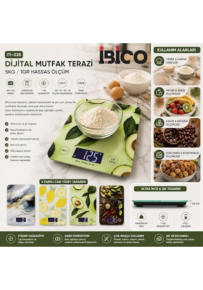 İbico İ11-028 Cam Mutfak Tartısı - Lcd Ekran, 5 Kg / 1 Gr, Pilli Diğer