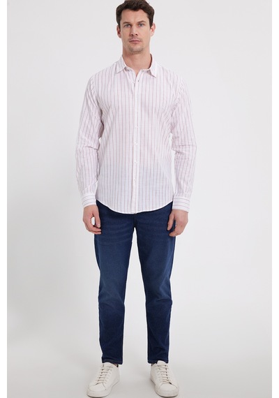 Tudors Erkek Slim Fit Dar Kesim Uzun Kollu %100 Pamuk Keten Doku Çizgili Gömlek-42653 Beyaz