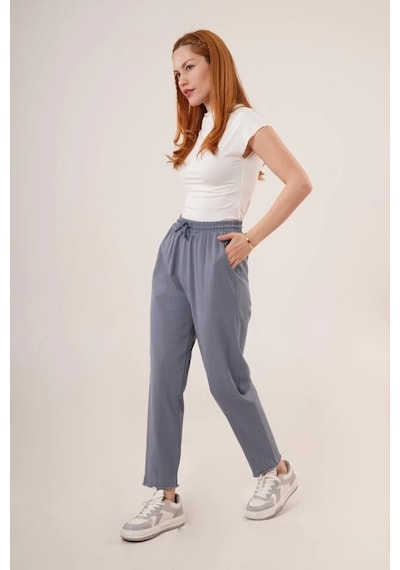 Defymoda Cepli Belden Bağlamalı Paça Detaylı İndigo Pantolon İndigo