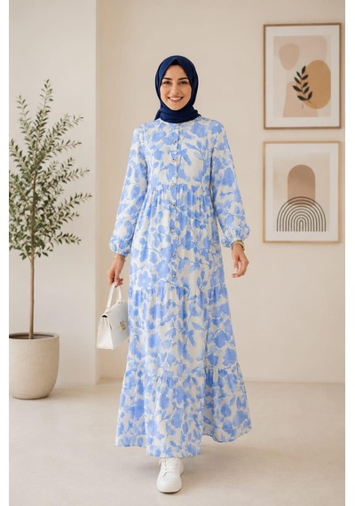 Hb Harma Time Butik Kadın Düğmeli Desenli Modal Kumaş Beyaz Elbise