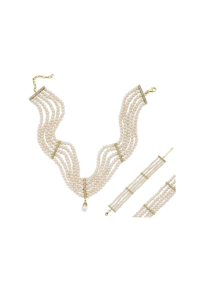 Zirkon Taşlı Doğal İnci 5 Mm Kolye Bileklik İkili Set Sarı Gümüş