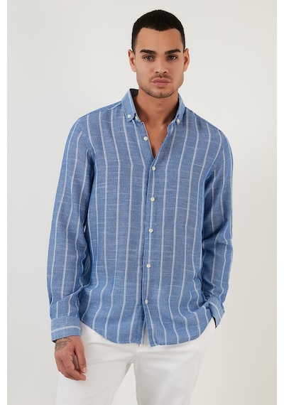 Buratti Pamuklu Çizgili Regular Fit Düğmeli Yaka Erkek Gömlek Cf21S112480 Saks-Beyaz