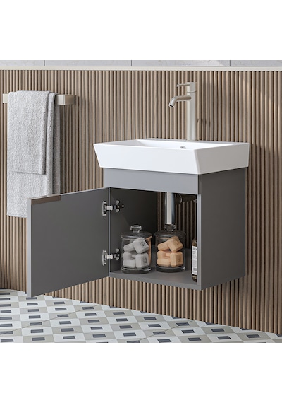 Likya Ayaksız Tek Kapaklı Lavabolu 49 Cm Banyo Dolabı Alt, Mini Lavabolu Alt Banyo Dolabı Kül Gri