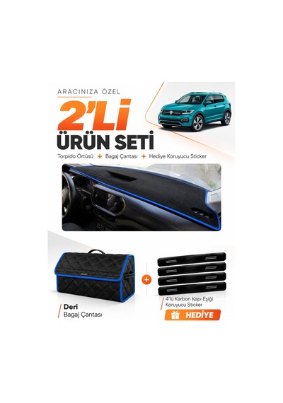 Volkswagen T-cross 2021-2023 Uyumlu Torpido Örtüsü + Deri Bagaj Çantası + Sticker - Siyah Mavi